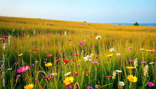 Endless meadow brimming with wildflowers and grasses, vibrant hues,  pastel,  colorful