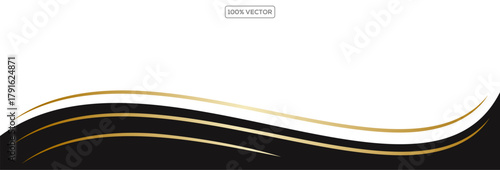 Black and gold wave frame background. Elegant wavy lines with metallic highlights curve around Luxury border template. Vector illustration