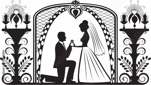 Romantic wedding proposal scene with groom presenting ring to bride under ornate archway capturing eternal love