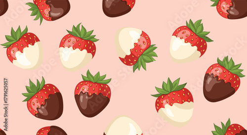 Seamless pattern of cartoon strawberries dipped in chocolate and white chocolate on a pink background.
