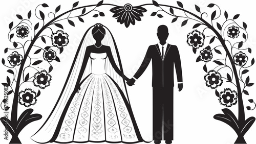 Elegant bride and groom holding hands under a floral archway celebrating their wedding day with joy and love