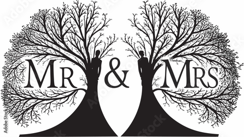 Elegant Mr & Mrs tree design symbolizing union and growth perfect for wedding invitations and celebratory decor