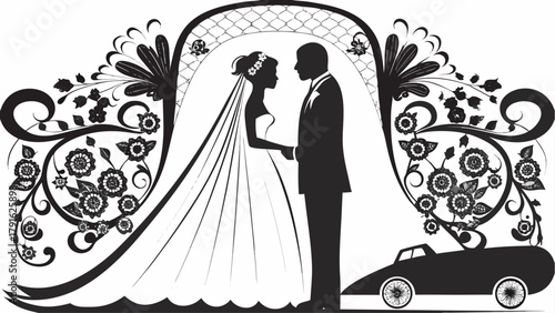Elegant wedding silhouette with floral arch and classic car, symbolizing love and commitment, perfect for invitations and romantic designs, scalable vector origin