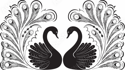 Elegant swan silhouette with peacock feather accents, perfect for sophisticated branding, invites, and artistic projects with a touch of timeless beauty