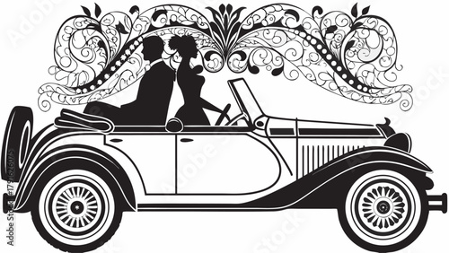 Elegant couple driving classic car, perfect for wedding invites, anniversary celebrations, or vintage themed events with romantic ornamental accents