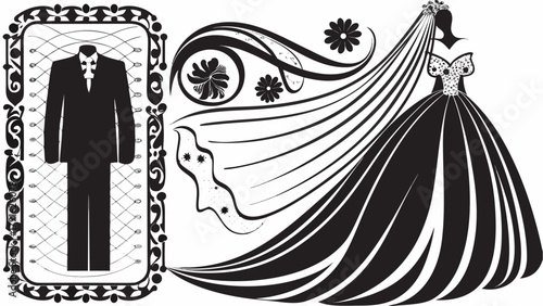 Elegant wedding invitation design with groom's suit and flowing bridal gown, floral accents, perfect for sophisticated events and stylish celebrations