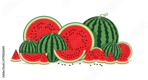 A variety of whole and sliced watermelons arranged together on a white background.