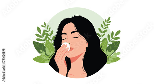 Illustration of a woman with long dark hair applying skincare with a cotton pad, surrounded by greenery.