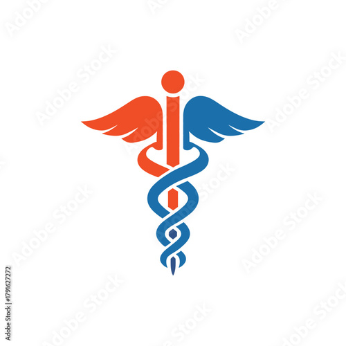 Caduceus Medical Symbol With Red and Blue Wings on White Background