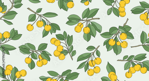 Seamless pattern of yellow cherries and green leaves on a light background.