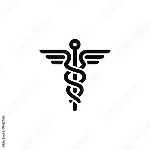 Caduceus Symbol with Transparent Background, Black Snakes and Wings Icon Design