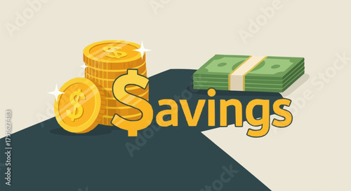 Golden coins and banknotes representing savings and financial growth.