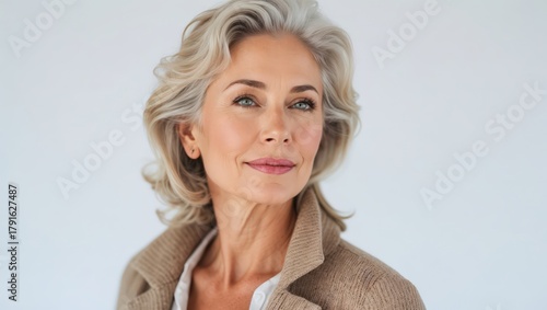 Beautiful gorgeous 50s mid aged mature woman looking at camera isolated on white. Mature old lady close up portrait. Healthy face skin care beauty, middle age skincare cosmetics, cosmetology concept