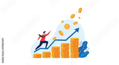 Businessman running up stacks of coins on a rising graph representing financial growth.
