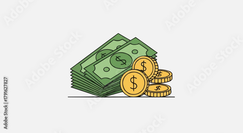 Money illustration of cash and coins representing wealth and finance.