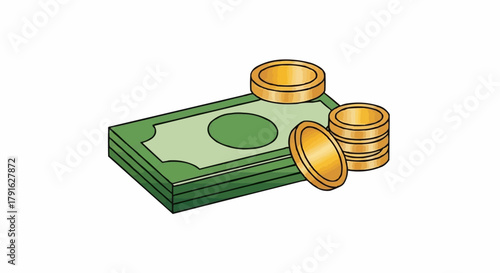 Stack of Cash and Coins Representing Financial Wealth.
