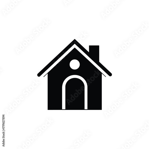 Home icon design, minimalist black house with chimney on transparent background