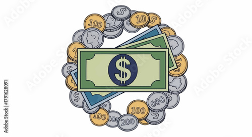 Money and Coins Arrangement Symbolizing Wealth and Finance.