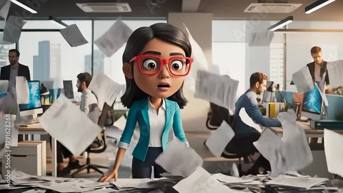 Animated Businesswoman Overwhelmed by Paperwork in a Busy Office Environment.