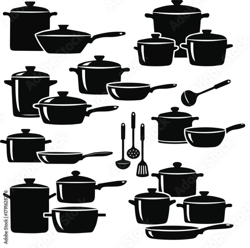  kinds of different modern cookware sets vector art silhuoette with white background