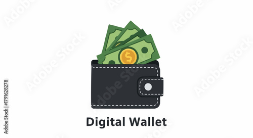 Digital Wallet with US Dollar Bills and Coin Icon.