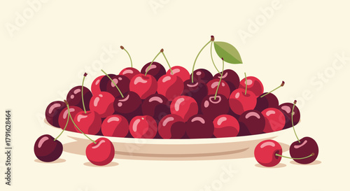 A large pile of ripe red and dark cherries overflowing from a white bowl on a cream background.