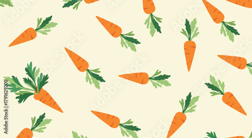Seamless pattern of cartoon carrots with green leaves on a light yellow background.