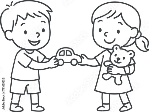 Children sharing toys a boy gives a car to a girl