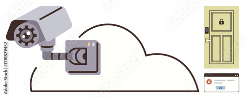 Surveillance camera connected to cloud, smart door lock, and access denial notification. Ideal for security, surveillance, remote monitoring, IoT, access control, smart homes simple flat metaphor
