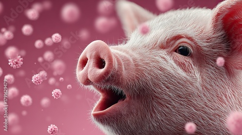 Conceptual illustration of pig exhaling H3N2 influenza virus particles, showing sharp surface spikes and symbolizing avian flu and zoonotic virus transmission in medical and scientific context