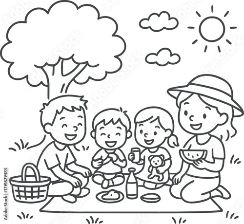 Happy family enjoying a sunny picnic together outdoors