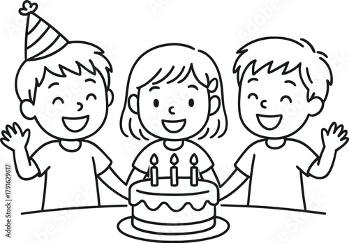 Happy children celebrate birthday with cake and party hat