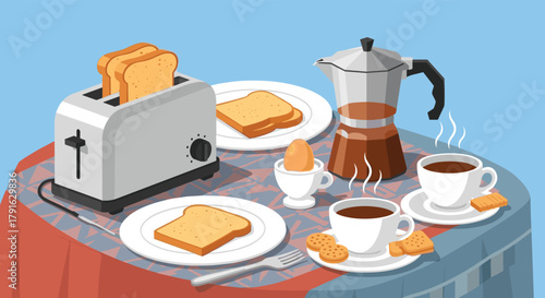 Illustration of a breakfast table with toast, coffee, and an egg.