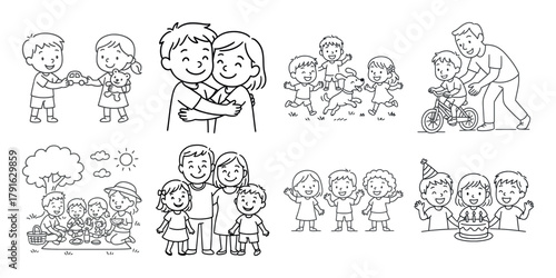 Diverse family scenes illustrated in simple line drawings