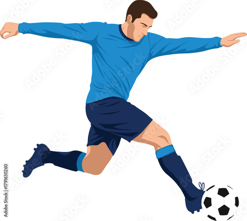 Dynamic soccer player kicking ball in action pose, wearing blue uniform and cleats, sports vector for athletic and game design.