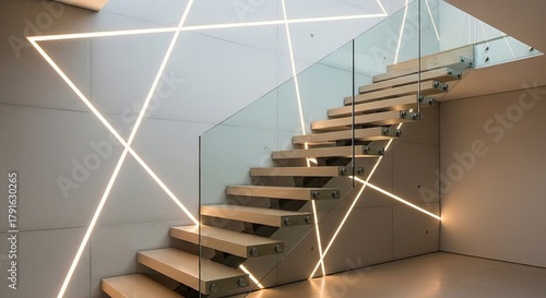 Modern staircase design with wood steps and glass railing, illuminated by geometric lighting creating a sophisticated architectural statement in a stylish home
