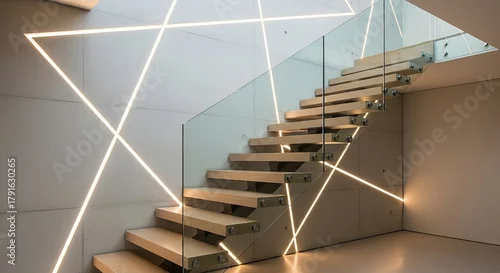 Obraz Modern staircase design with wood steps and glass railing, illuminated by geometric lighting creating a sophisticated architectural statement in a stylish home