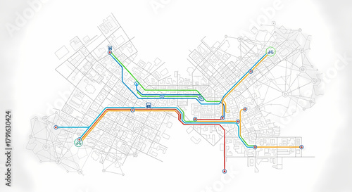 Abstract transit map with colorful lines indicating routes and stations