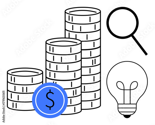 Stacked coins beside a magnifying glass and lightbulb reflect money, ideas, analysis, innovation, solutions. Ideal for finance, savings, investment research growth entrepreneurship. Simple flat