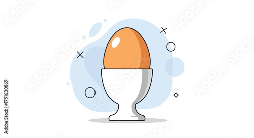 A simple flat design illustration of a soft boiled egg in a white egg cup against a light blue background.