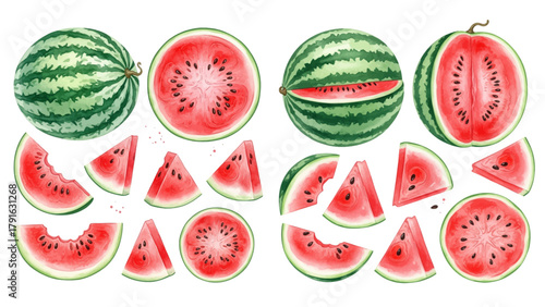 A collection of watercolor illustrations of whole watermelons, halves, and juicy slices.