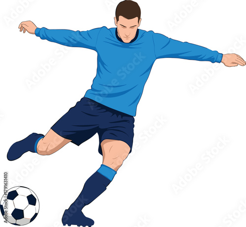Soccer player kicking ball in dynamic action pose wearing blue uniform, sports vector illustration for athletic motion and game design.