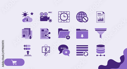 Collection of Purple Data and Technology Icons on Light Background.