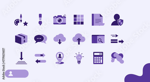 Collection of Purple Iconography Representing Various Concepts and Tools.
