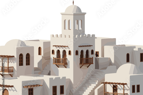 Traditional Mediterranean Middle Eastern architecture vector illustration with whitewashed walls, arched windows, domed tower, terraces, balconies, and staircases.
