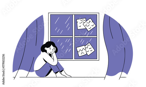 Sad woman sitting by the window on a rainy day memories attached to the glass vector illustration about loneliness and depression