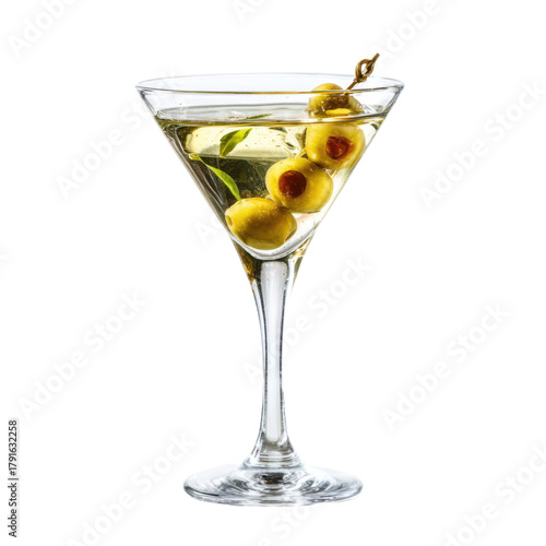 Martini cocktail with olives in glass on gray background