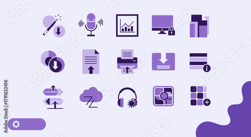 Collection of Purple Icons Representing Various Digital and Technological Concepts.