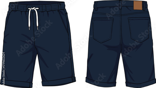 Vector illustration of navy blue casual shorts front and back view with drawstring, pockets, rolled hem, and stitched details.