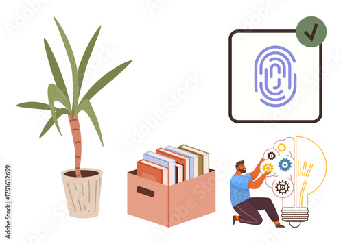 Potted plant, box of books, fingerprint authentication icon with tick, person assembling gears inside light bulb. Ideal for learning, security, innovation, creative thinking, productivity
